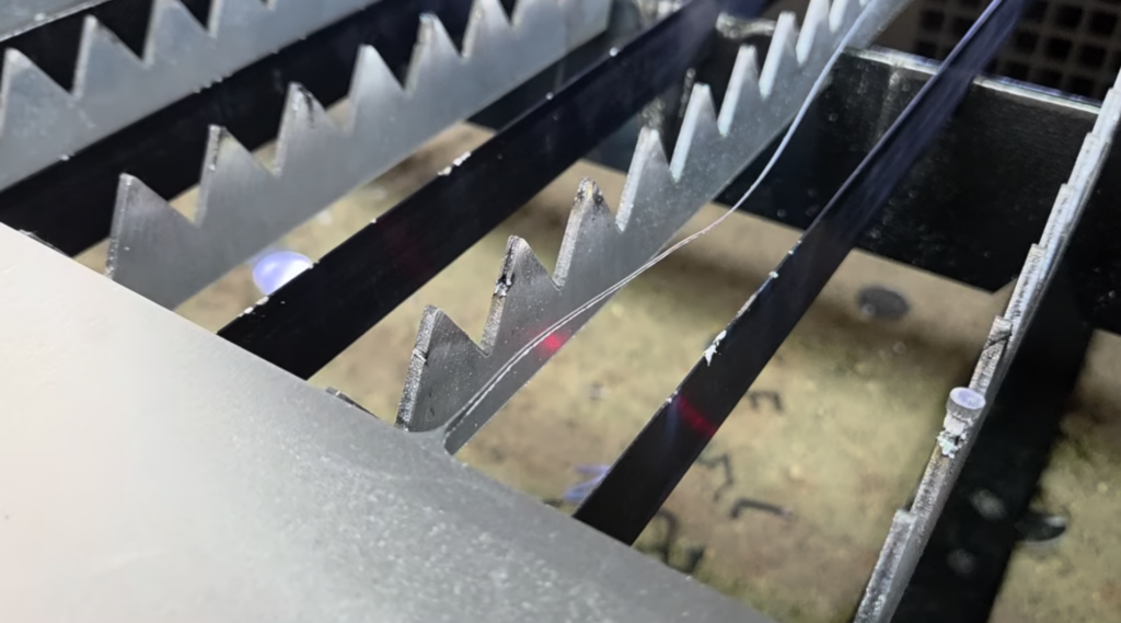 Fine detail cut in 1.5 mm galvanized steel on the Gweike M3 Ultra, thin skeleton remaining on the slats