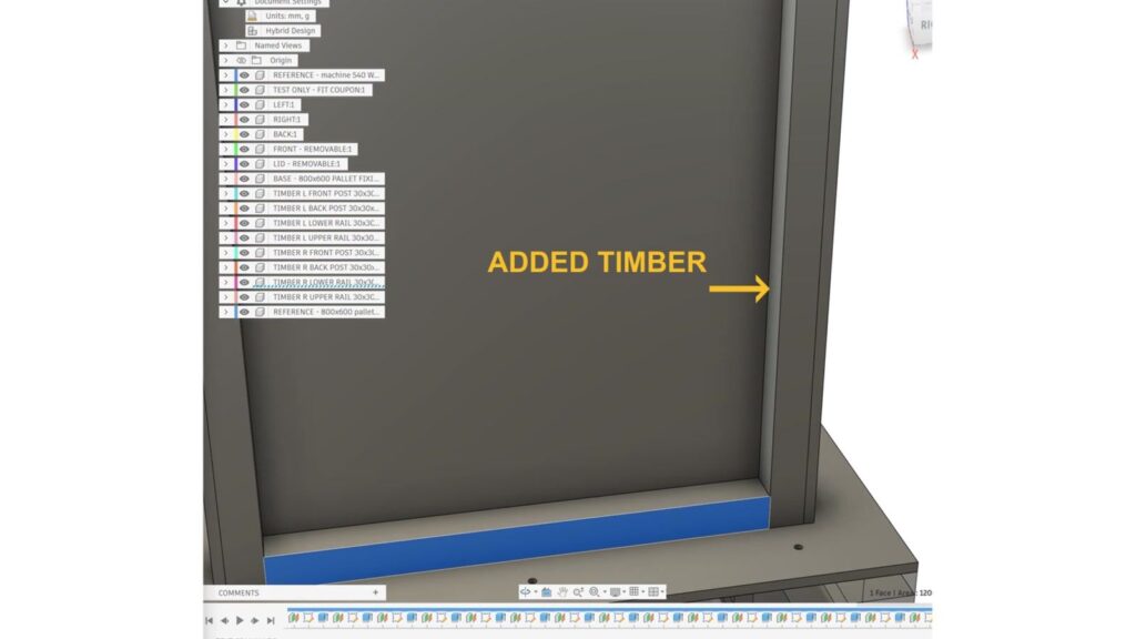 Fusion 360 model of the AI-designed crate with an added timber frame