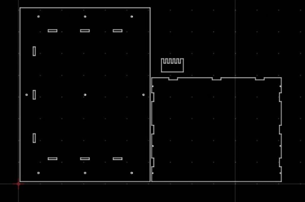 AI-generated DXF crate panels with finger joint slots checked in QCAD
