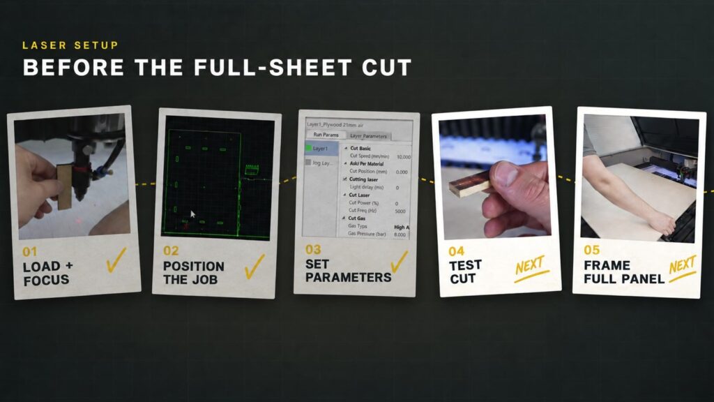 Five-step laser setup checklist: load and focus, position the job, set parameters, test cut, frame the full panel